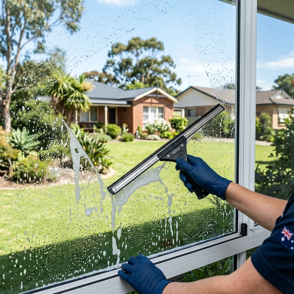 Professional window cleaning technician cleaning window glass using squeegee, leaving a streak-free shine