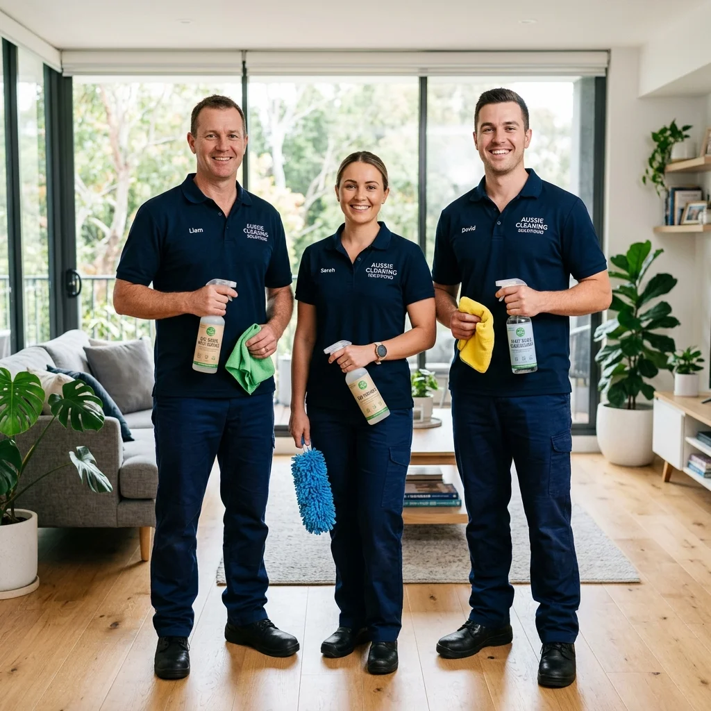 Professional Aussie cleaning team smiling in a clean Sydney home, wearing matching uniforms and holding eco-friendly supplies
