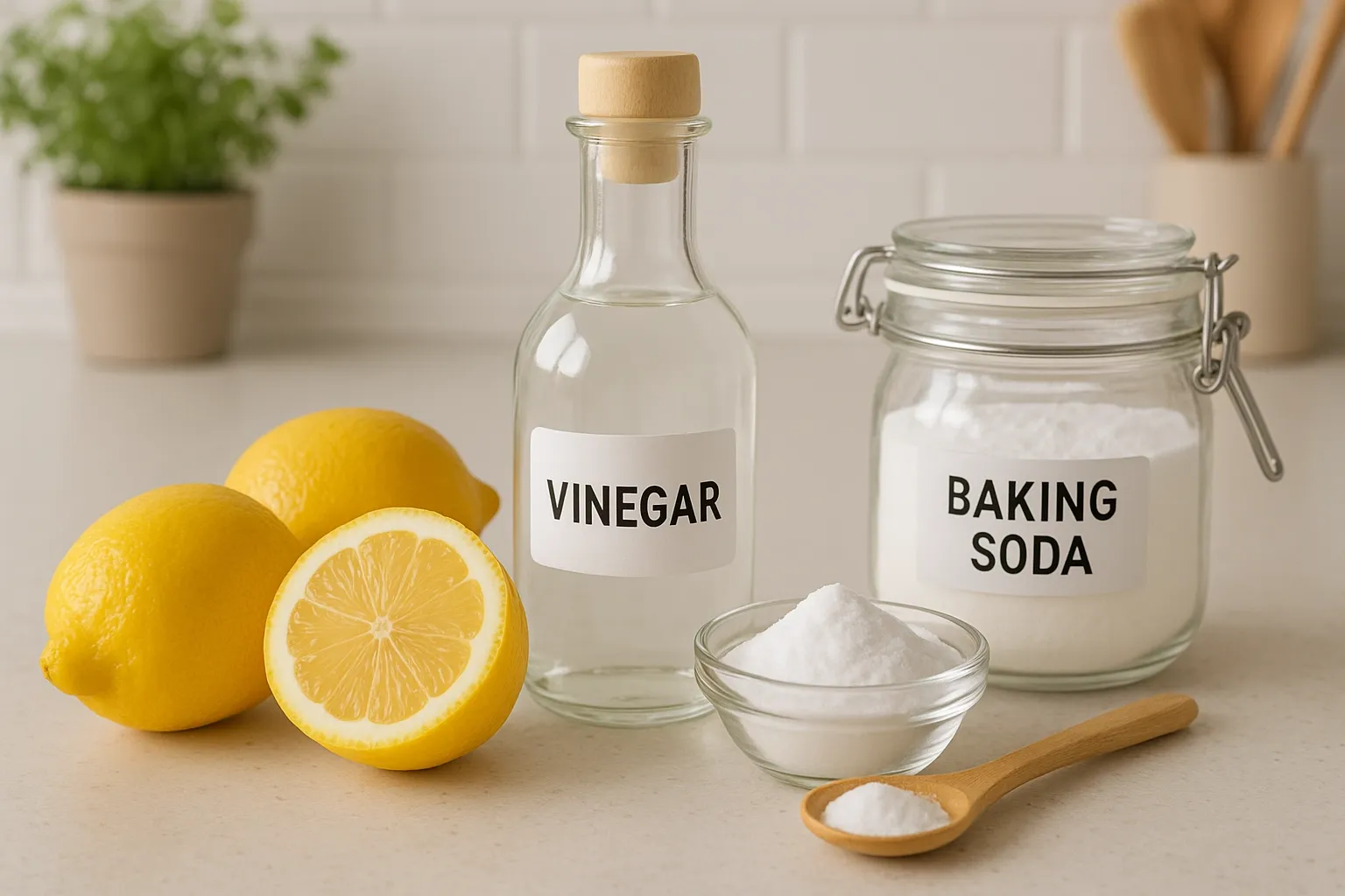 Natural cleaning ingredients like lemons and vinegar on a wooden countertop.