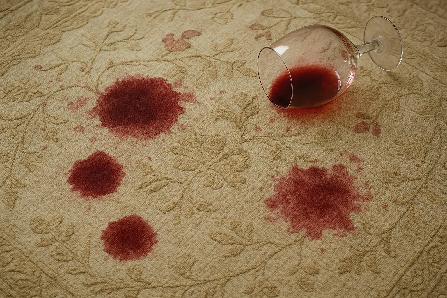 A red wine stain on a light-colored couch.