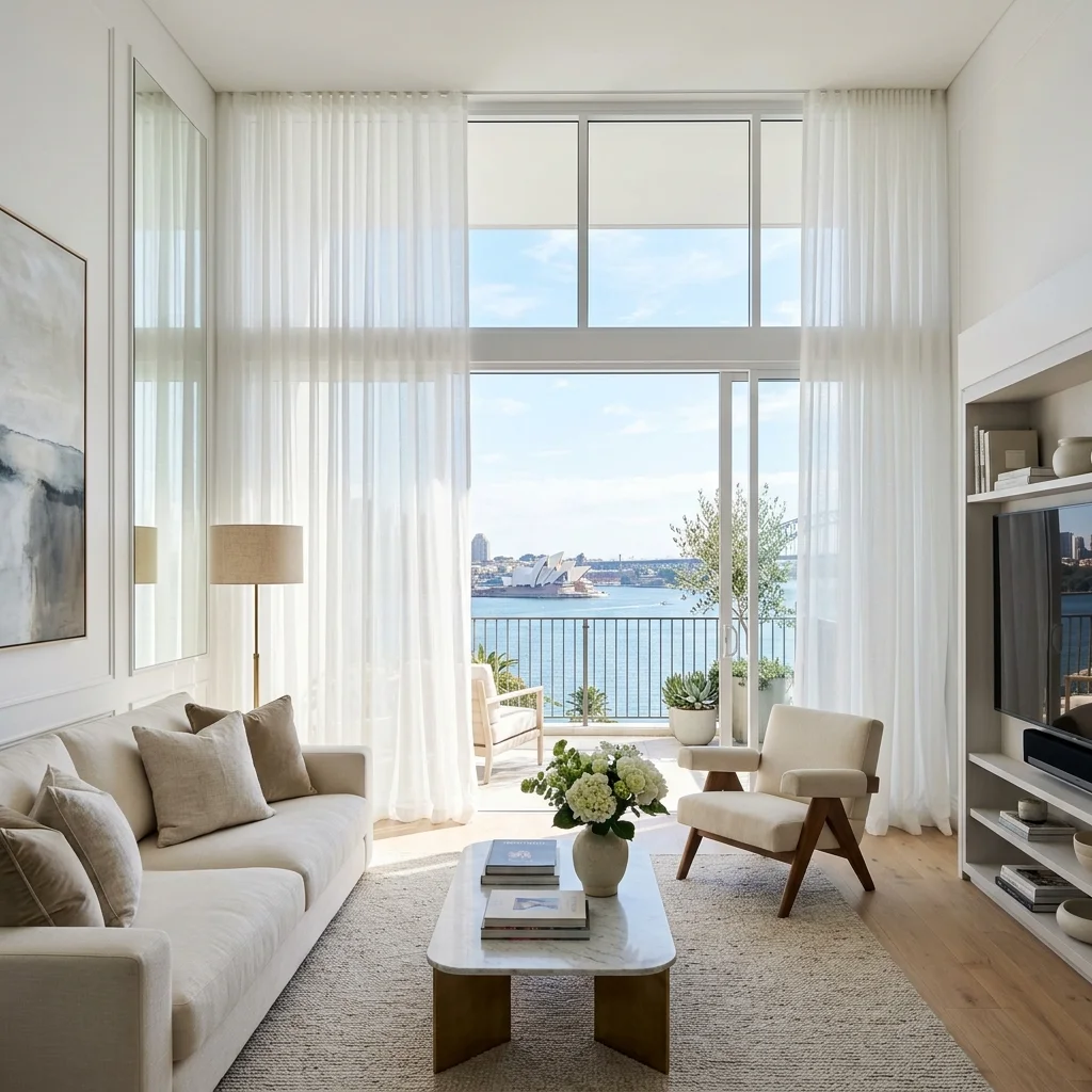 Clean sheer curtains in a bright Sydney living room