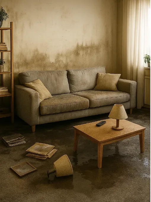 A flooded living room in Sydney with waterlogged carpets and furniture after a burst pipe.