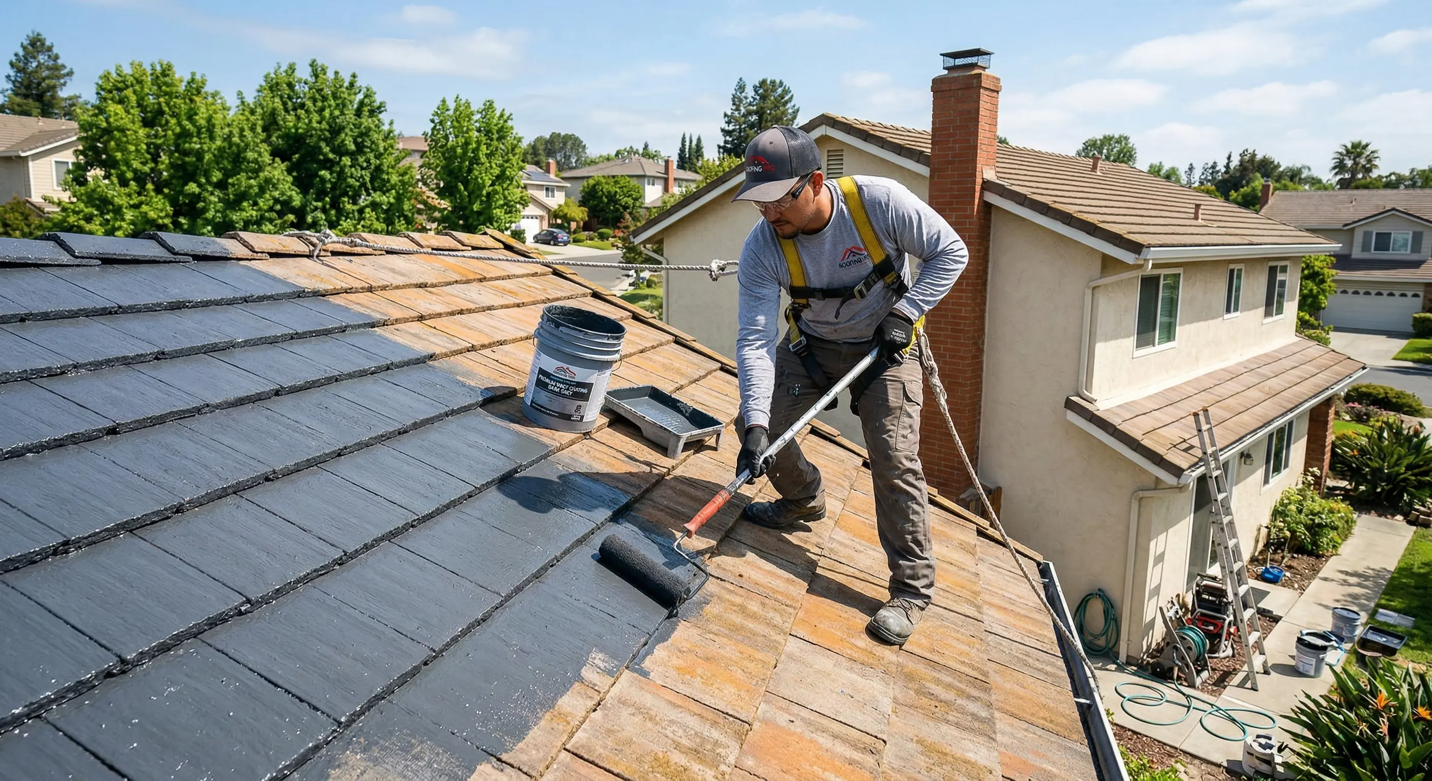 Professional roof painting technician restoring a Sydney roof with protective coating